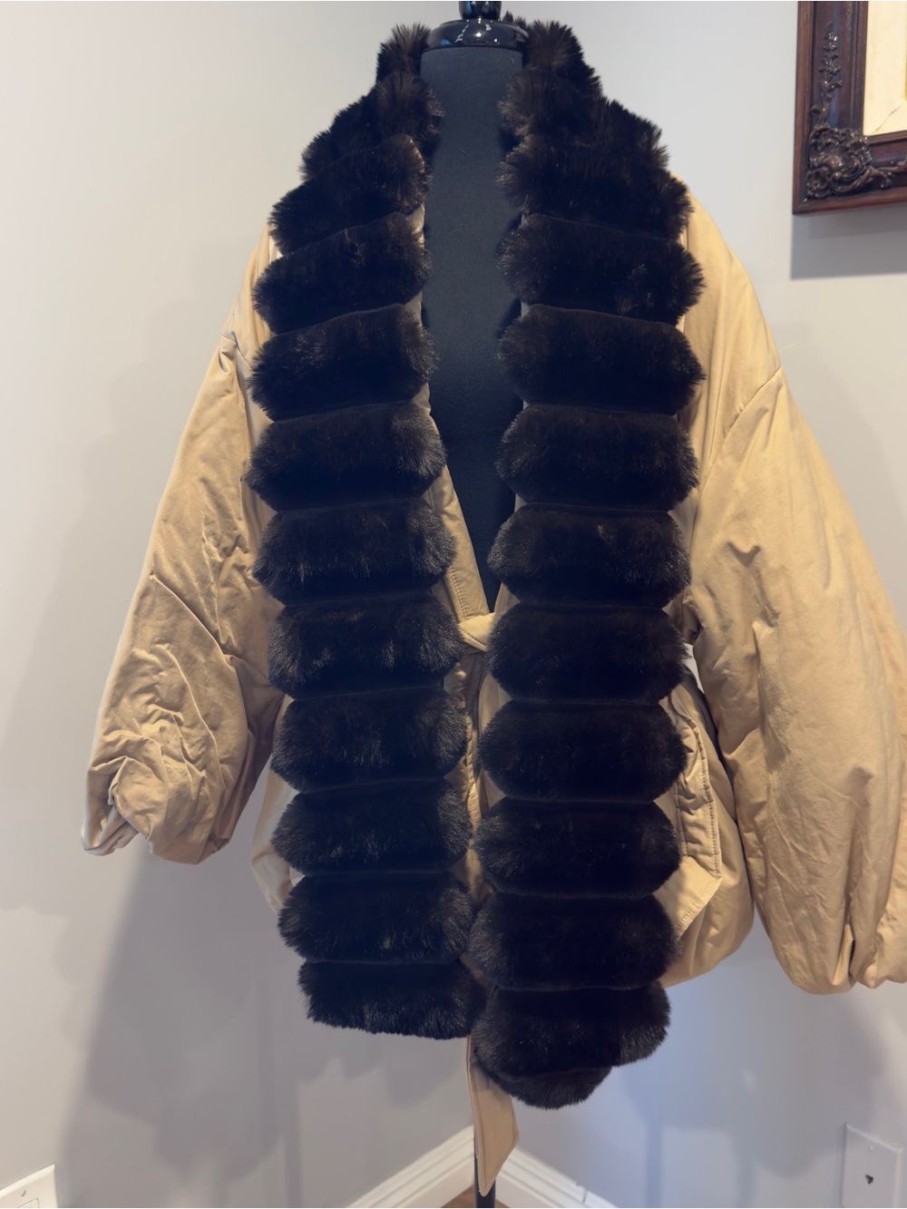 Miss Rosier Ileana Khaki Fur Trim Bubble Down Jacket size large
